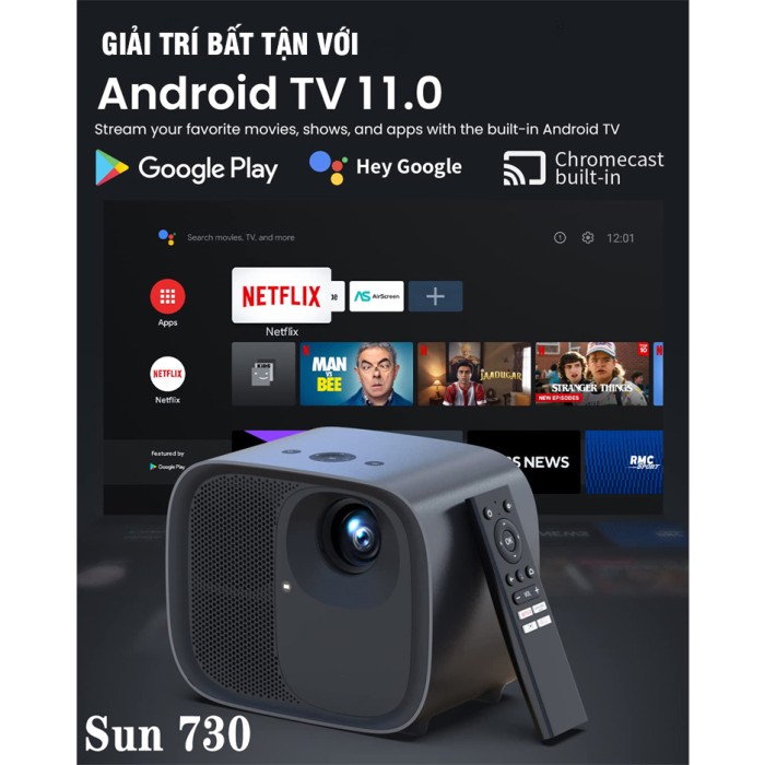 Máy chiếu Mini chính hãng KAW-SUN 730, Máy chiếu 4K, Bản quyền Google TV, Androi TV 11, Netflix, Bảo hành 12 Tháng